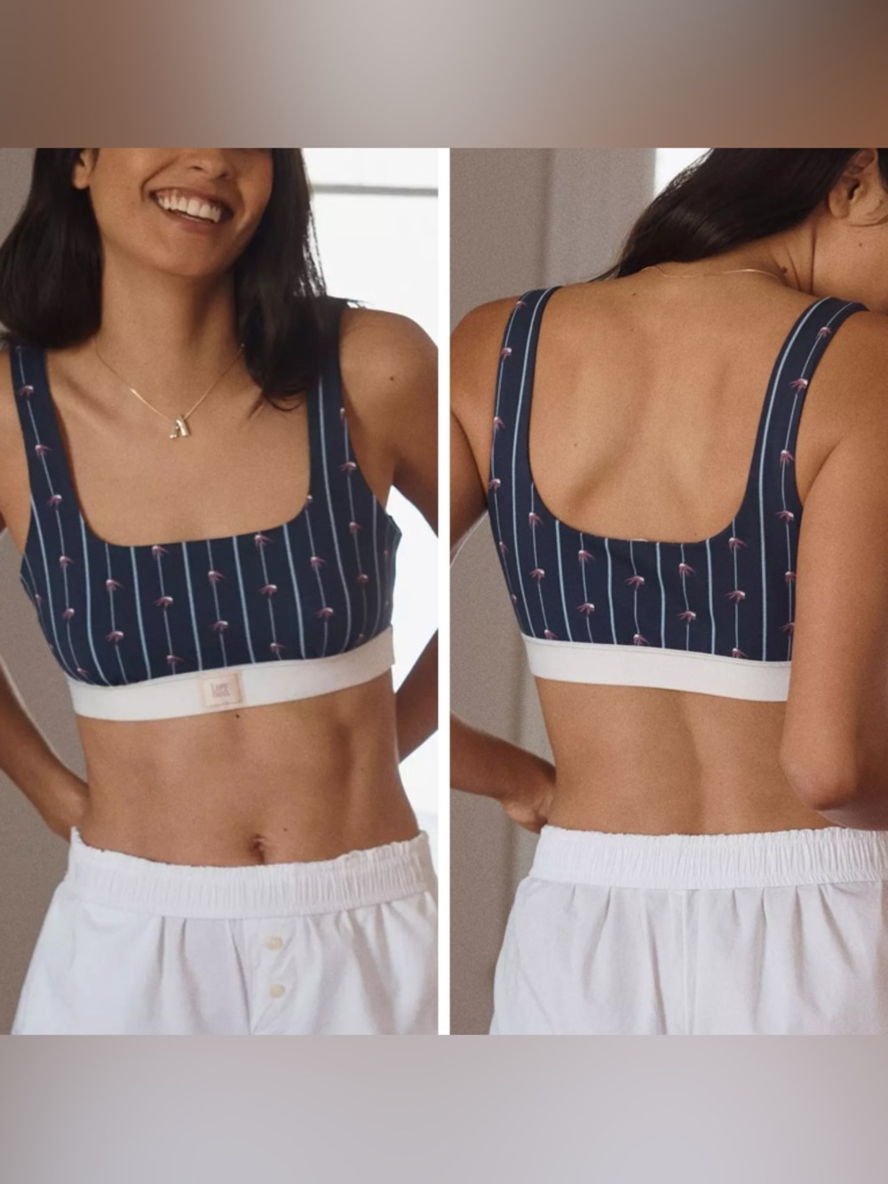 NWT Lure Bird Anthropologie Navy Palm Print Crop Top with White Band